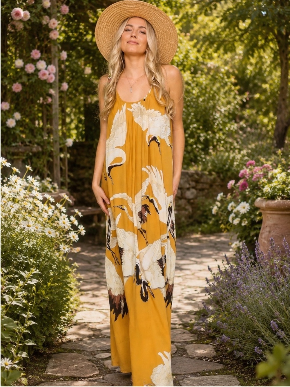 New! Aratta “Cranes of Heaven” Whimsical Maxi Slip Dress - Picture 3 of 4